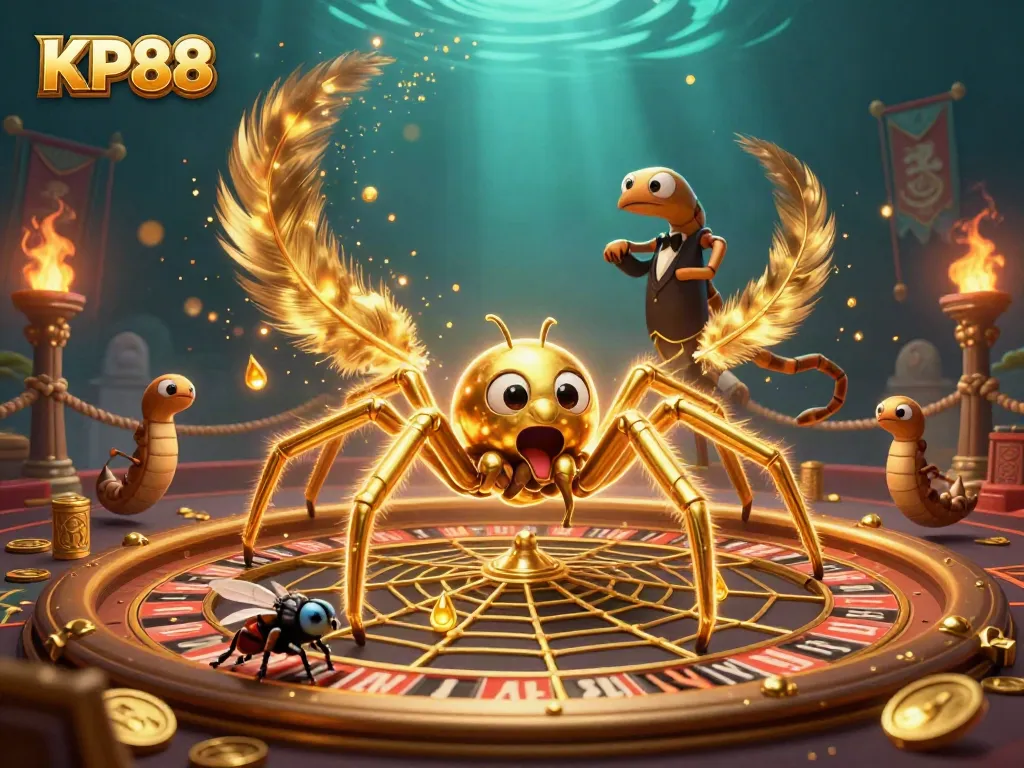 KP88 engages players with a thrilling casino atmosphere featuring a golden spider spinning a roulette web.