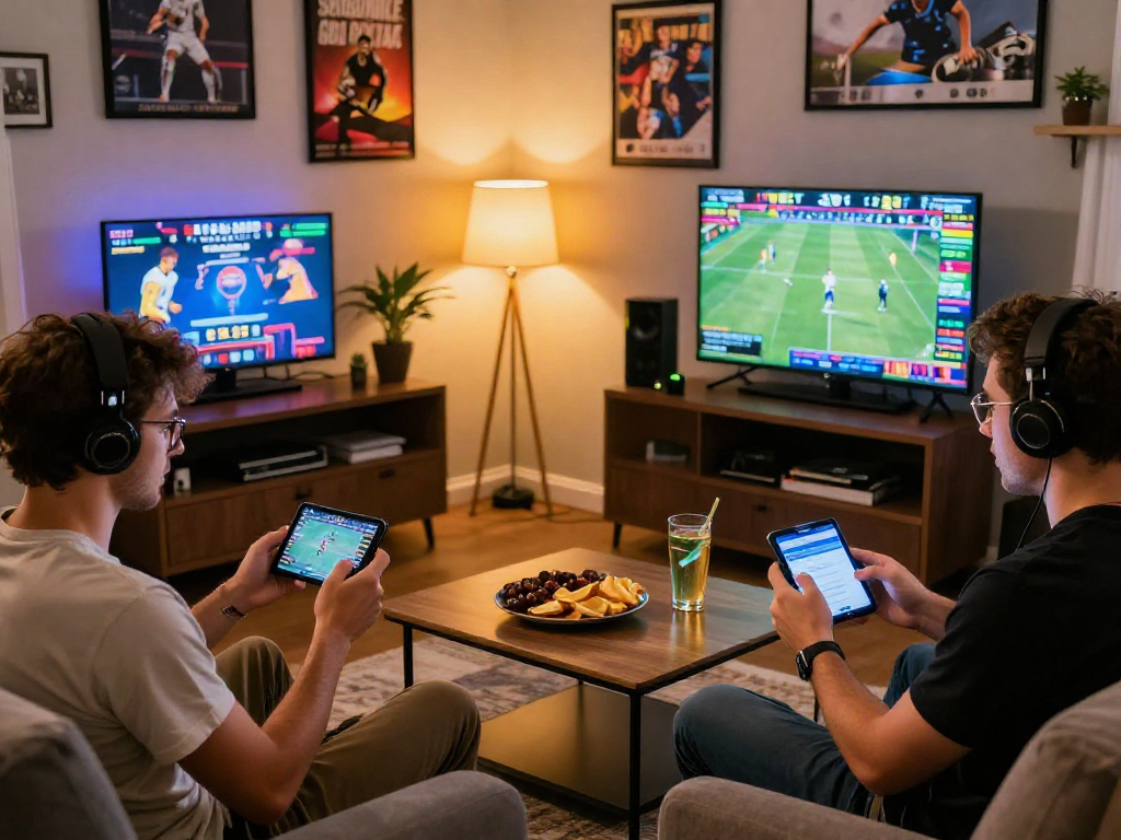 Players enjoying EK 333 online betting experience in a cozy living room with live match scores.