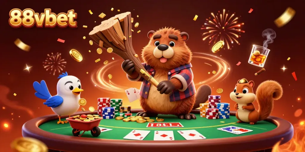 88vbet showcases a lively scene with characters celebrating a jackpot and poker wins.