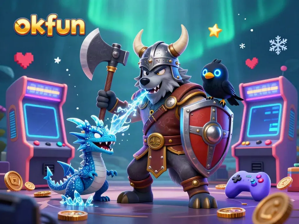 Experience thrilling gameplay with okfun, featuring a Viking wolf warrior and mystical elements