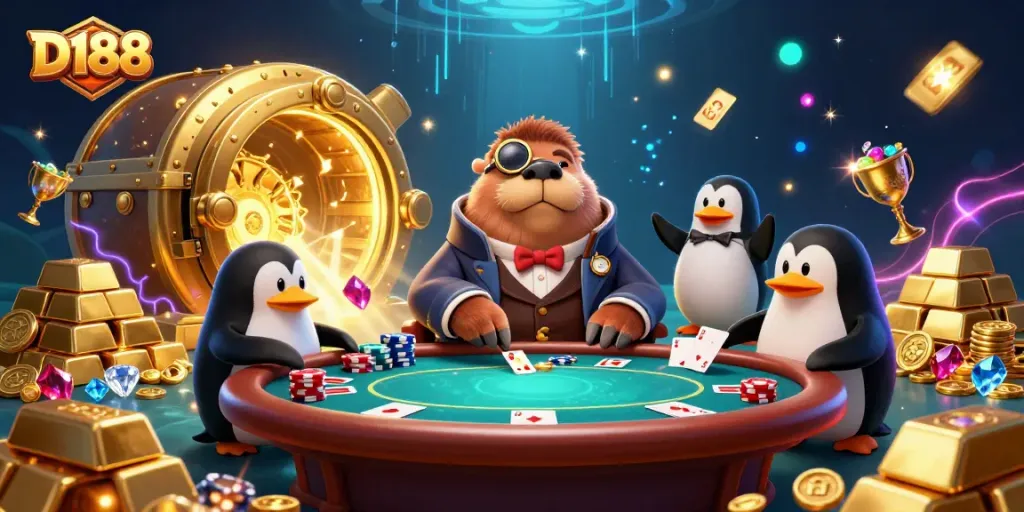 Experience thrilling poker action at D188 with a cartoon walrus, penguin dealer, and bluffing pufferfish.