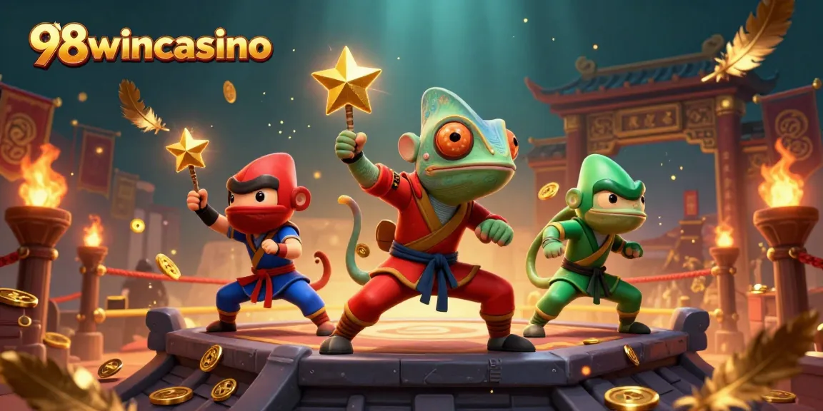 Experience the thrill of 98wincasino through a vibrant, action-packed scene with ninja chameleons and gambling elements.