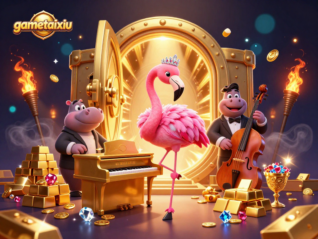 Experience gametaixiu excitement with vibrant casino vibes featuring a flamingo singer and hippo bassist.