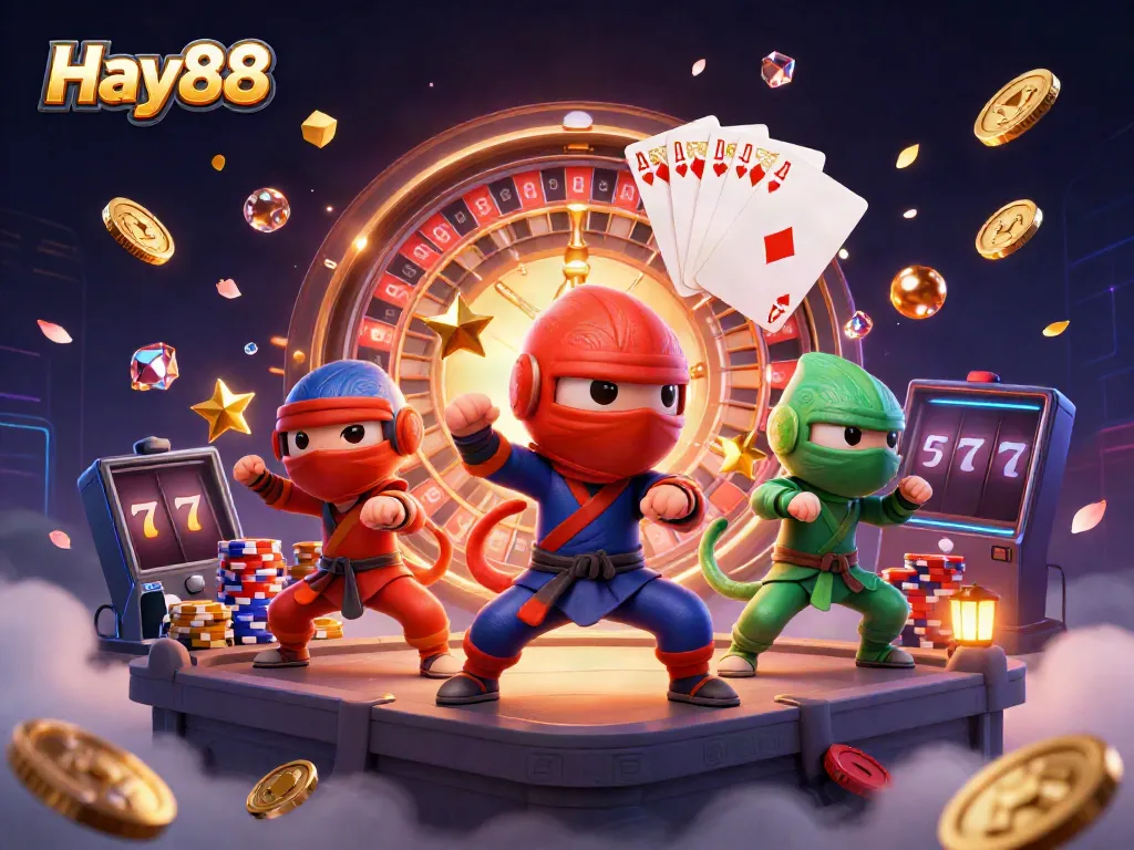 Engaging scene with Hay88's vibrant characters and casino elements celebrating a thrilling gaming experience.
