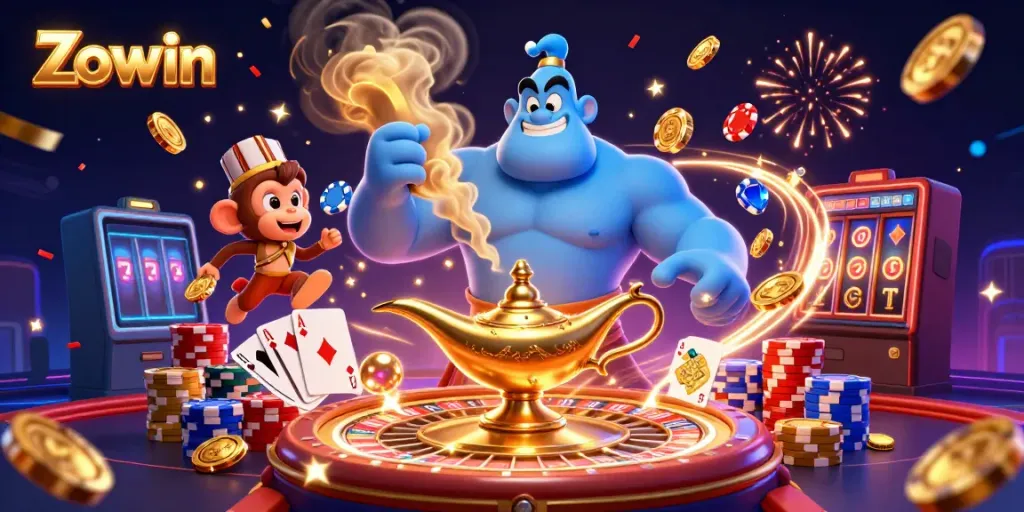 Zowin captures the essence of excitement with an ultra-detailed casino scene featuring a genie, monkey, and flying poker chips.