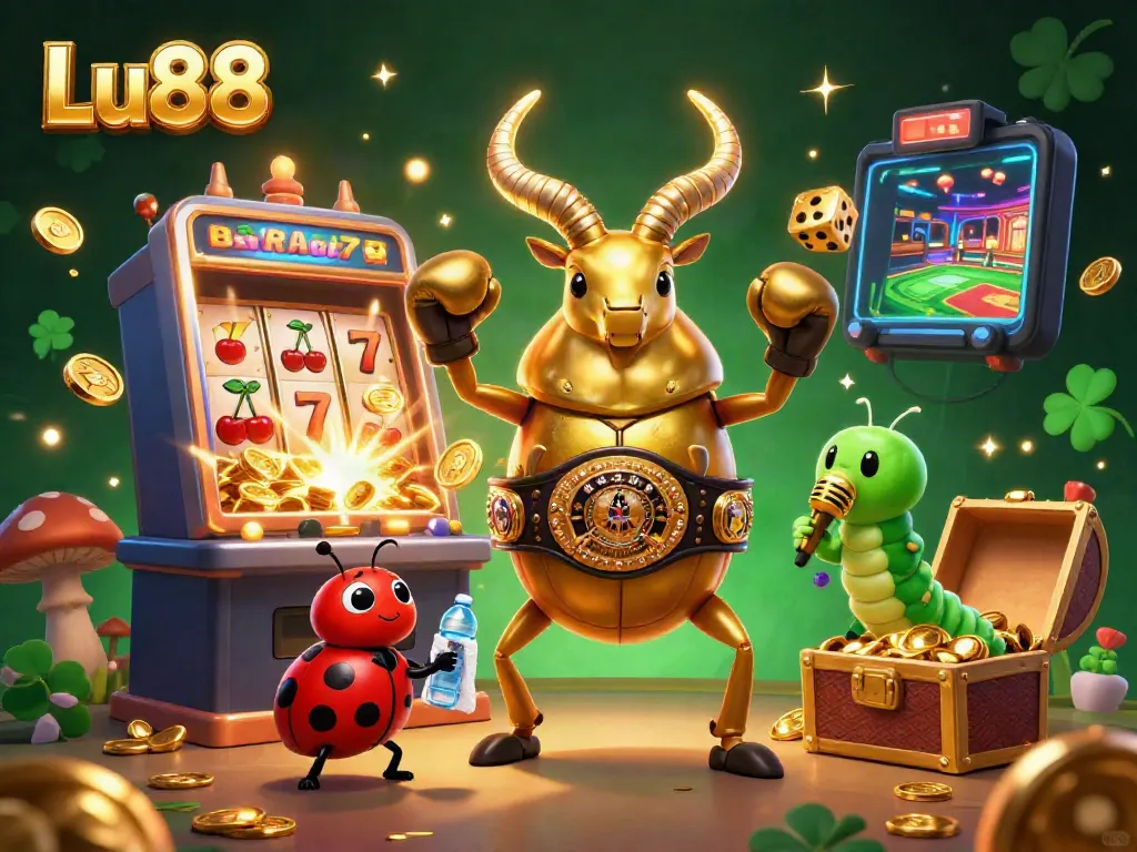 Experience the thrilling jackpots with Lu88's vibrant gaming scene featuring a dynamic beetle champion and exciting casino elements.