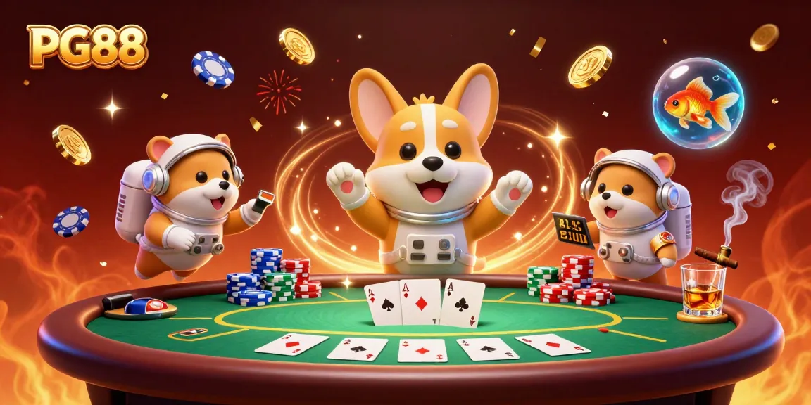 The PG88 casino scene showcases an astronaut corgi and friends enjoying floating poker chips and winnings.