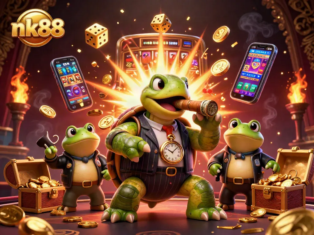 Experience the vibrant thrill of nk88 with a lively casino scene featuring a snapping turtle and bullfrog enforcers amidst a jackpot explosion.