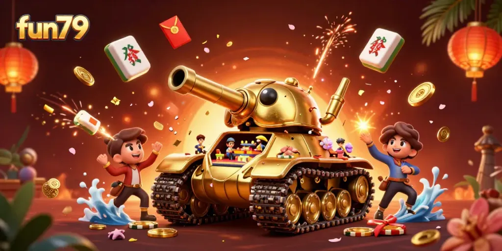 Engage in exciting gameplay with fun79's vibrant, fun-themed casino illustration showcasing action-packed elements.