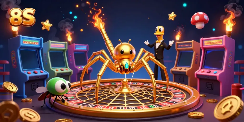 8S gaming scene featuring a golden spider and colorful arcade machines, showcasing excitement in a casino.