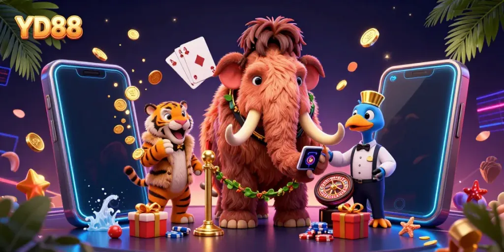 Woolly mammoth checking IDs at casino entrance, YD88 logo, vibrant gaming elements around