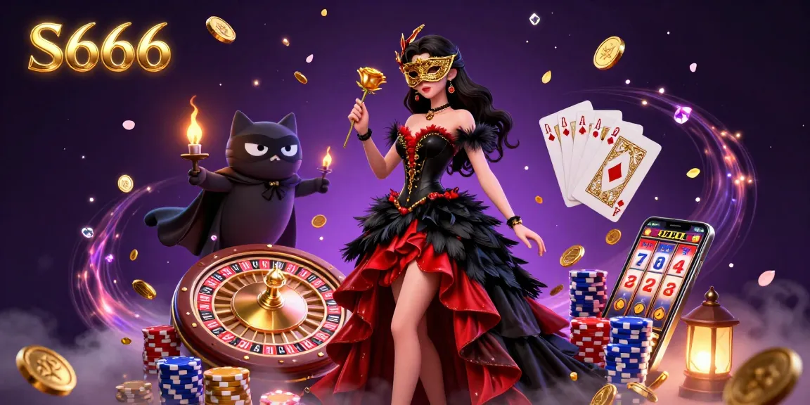 S666 showcases an alluring casino scene with spinning roulette wheels, cascading coins, and vibrant characters capturing thrilling gaming moments.