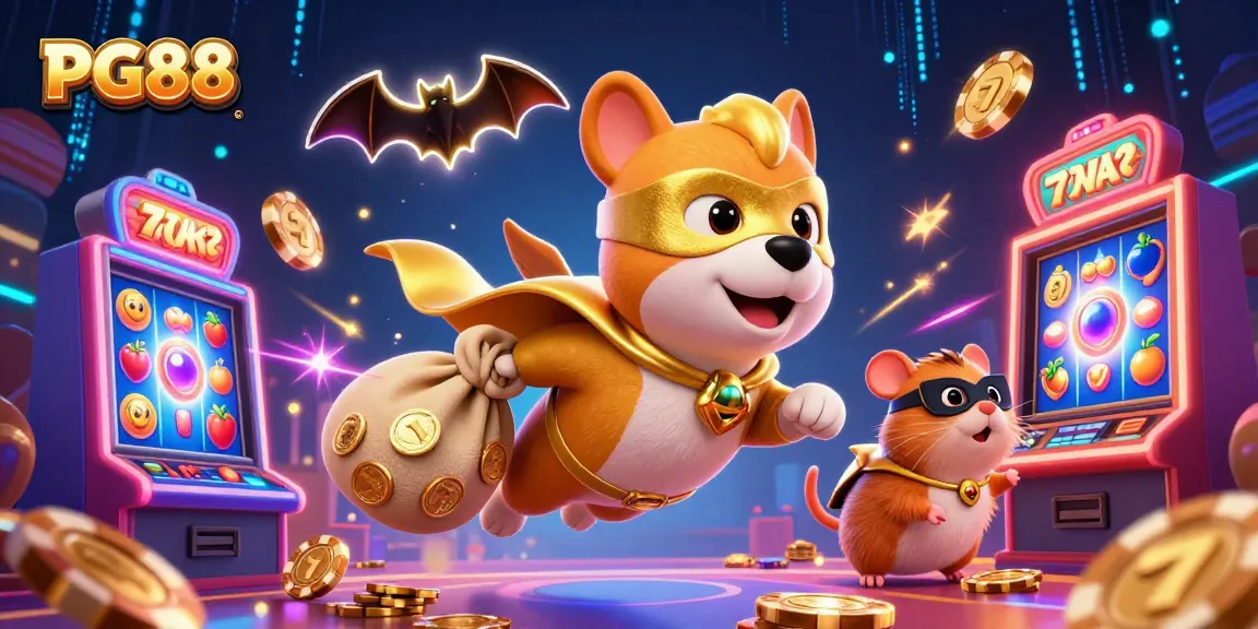 Engage in thrilling slots with PG88 while a superhero dog scatters gold coins in a vibrant casino scene.