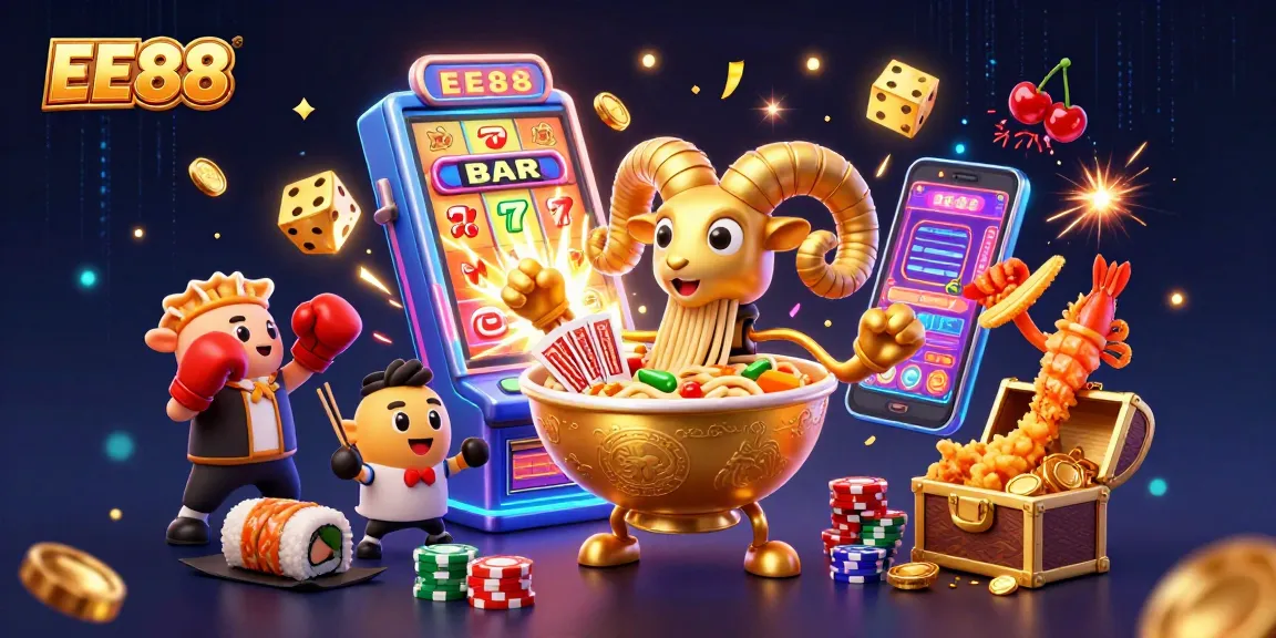 EE88 interactive scene featuring vibrant 3D characters around a jackpot slot machine, enhancing gaming excitement.