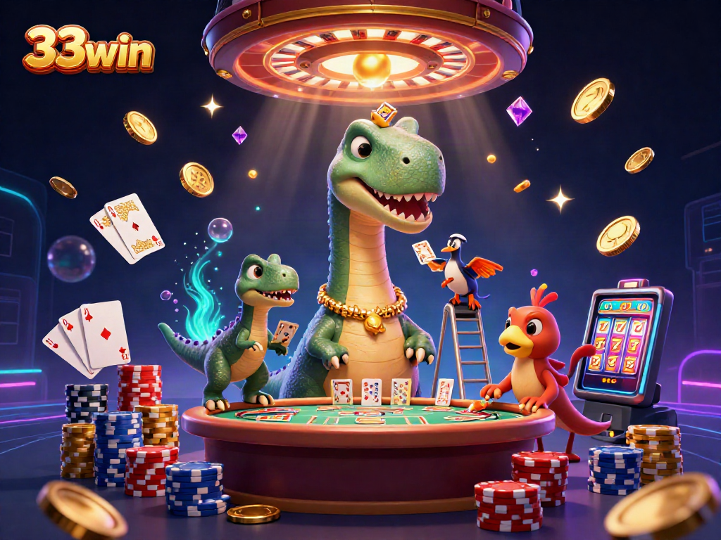 Engaging scene with 33win and casino-themed characters amidst sparkling treasures and games.