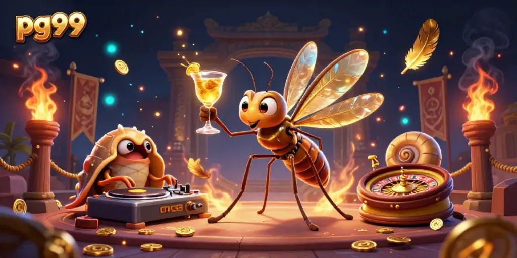 pg99 mascot and a trilobite DJ entertaining players in a vibrant casino-themed illustration