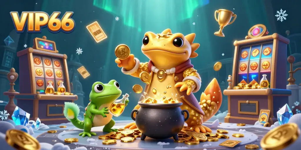 Join the excitement at VIP66 as a golden salamander alchemist transforms base metals into gold coins in a magical casino!