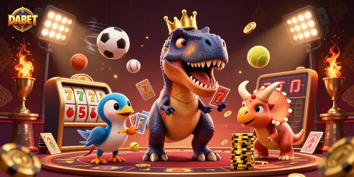 Engaging DABET casino illustration featuring a T-Rex, pterodactyl, and triceratops with vibrant gaming elements.