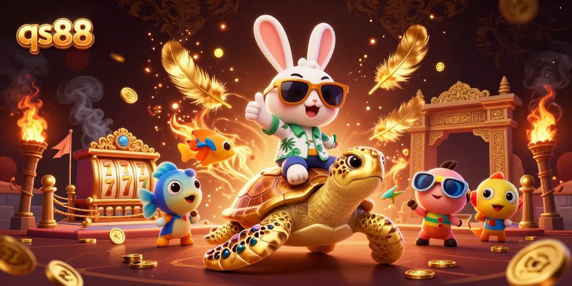 Experience qs88 action with a cartoon rabbit and sea turtle in a vibrant casino scene.