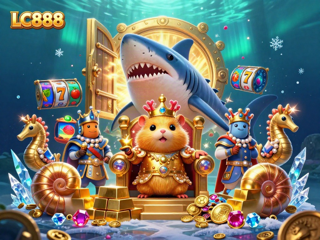 Engage with LC888's vibrant 3D casino scene showcasing a hamster king on a megalodon throne