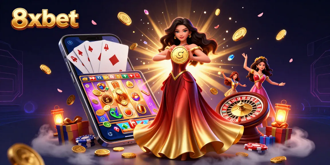Experience thrilling gaming adventures with 8xbet's vivid illustration of exquisite rewards and exciting slot games.