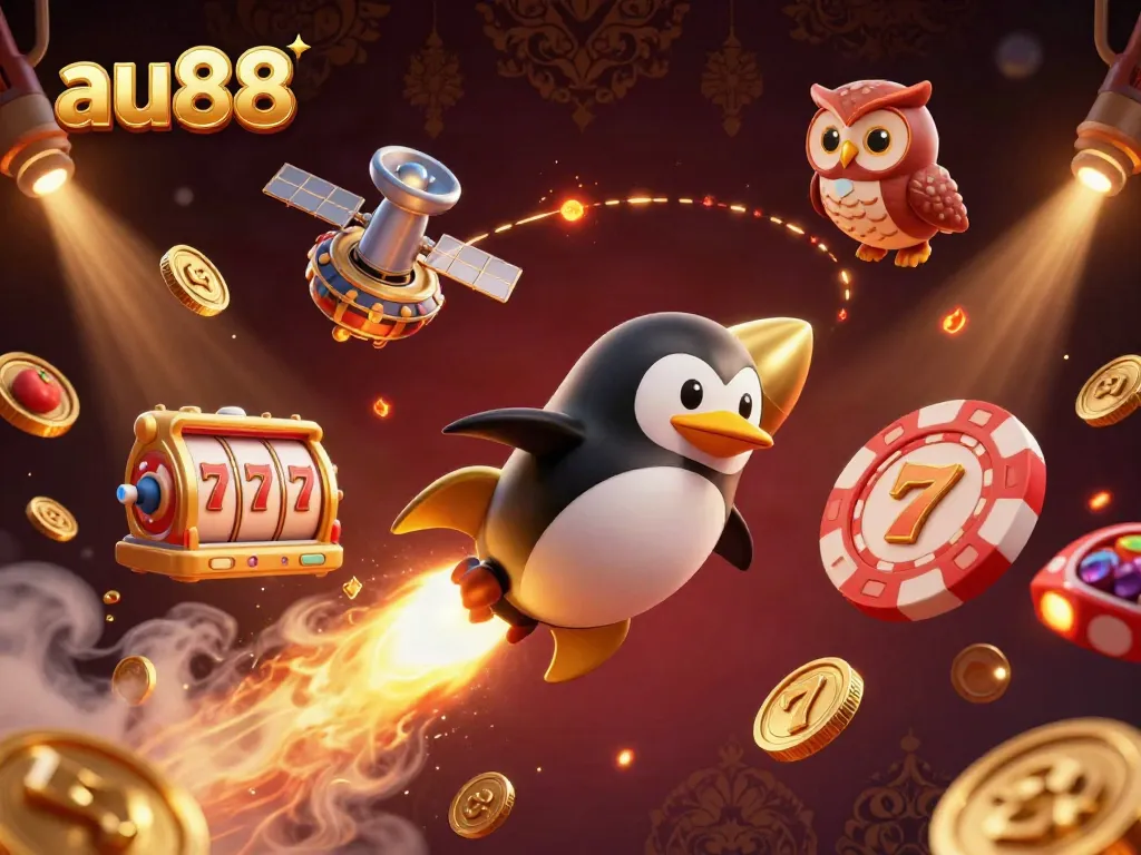 Watch the golden penguin from au88 soar through a casino-themed space adventure, surrounded by vibrant gaming symbols.