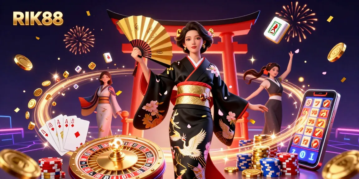 Experience RIK88 with an elegant Asian woman in a 3D casino scene celebrating wins amidst vibrant game elements.