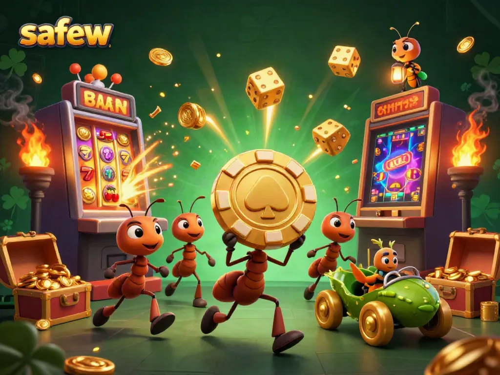 Safew interactive casino scene with animated ants heisting a giant poker chip and vibrant slot machine elements