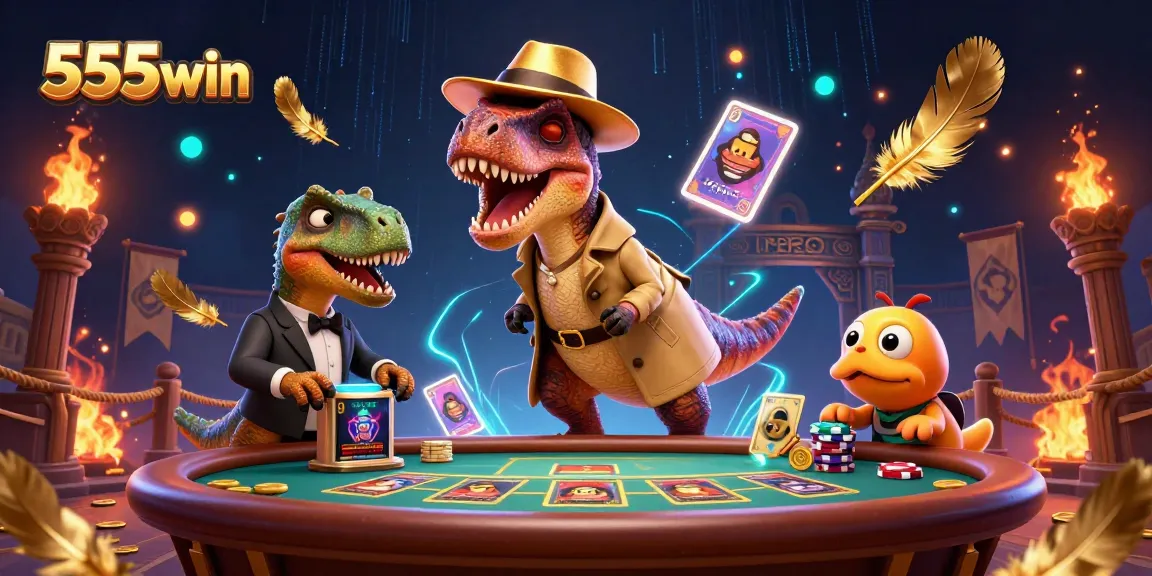 Experience thrilling gameplay at 555win with a velociraptor card counter in action amidst vibrant casino elements.