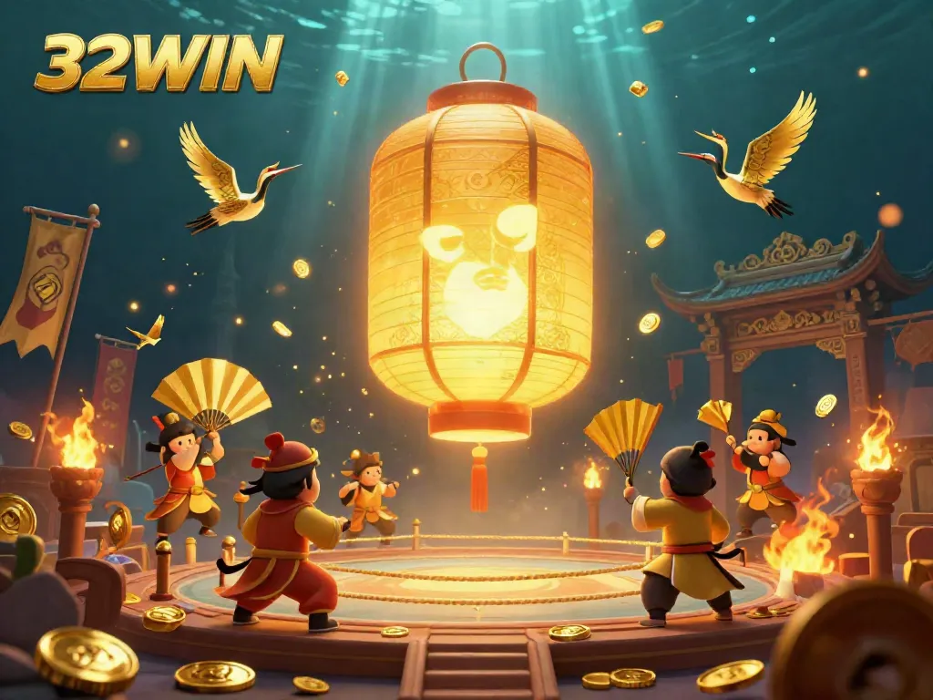 Experience the vibrant atmosphere of 32WIN casino, boasting golden lantern spirits and gaming elements in a stunning 3D illustration.