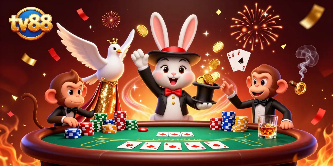 Experience excitement with tv88's lively casino scene featuring playful characters and vibrant chip stacks.