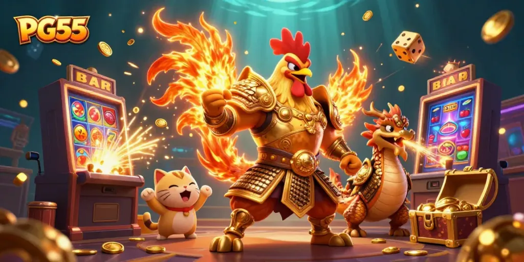 Engaging scene of PG55 featuring a courageous rooster warrior and dragon, symbolizing exciting online casino action