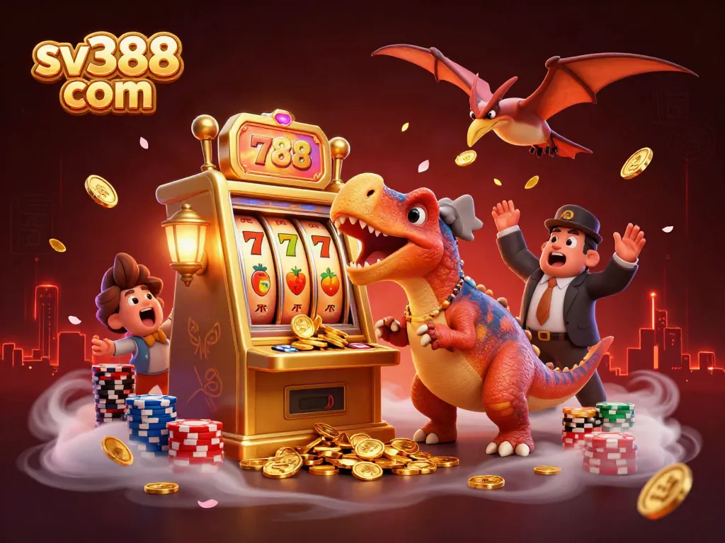 Engaging 3D scene of sv388 com featuring a pachycephalosaurus jackpot event amidst a lively casino.
