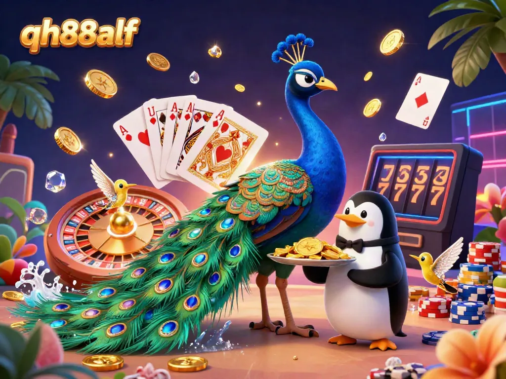 Experience the thrill of gambling with qh88alf through vibrant characters and dynamic casino elements in this 3D illustration.
