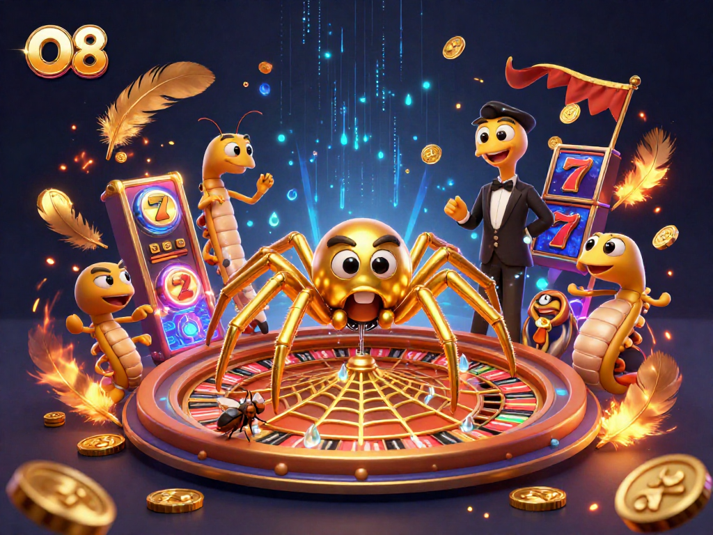 Place your bets at O8's roulette wheel spun by a golden spider in a vibrant casino scene.