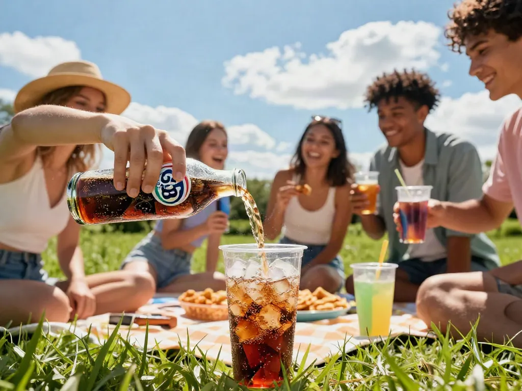 Friends enjoying ROKOK88 soda during a summer picnic, refreshing and bubbly.