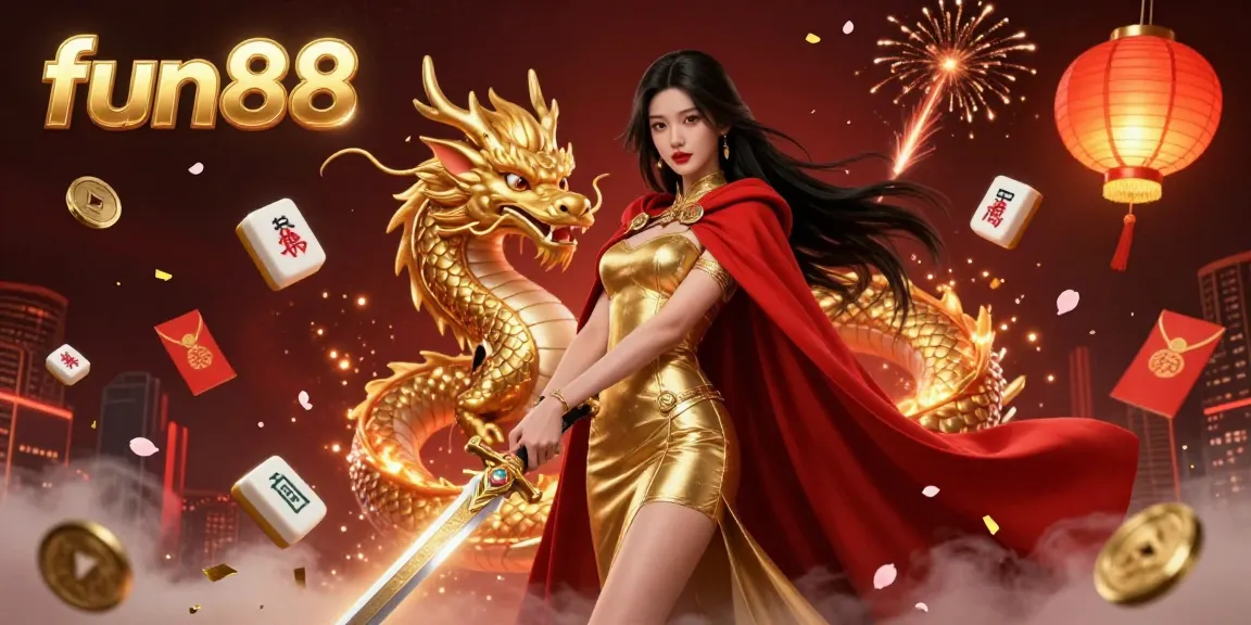 Experience excitement at fun88 with a warrior queen and golden dragon amidst vibrant casino elements.