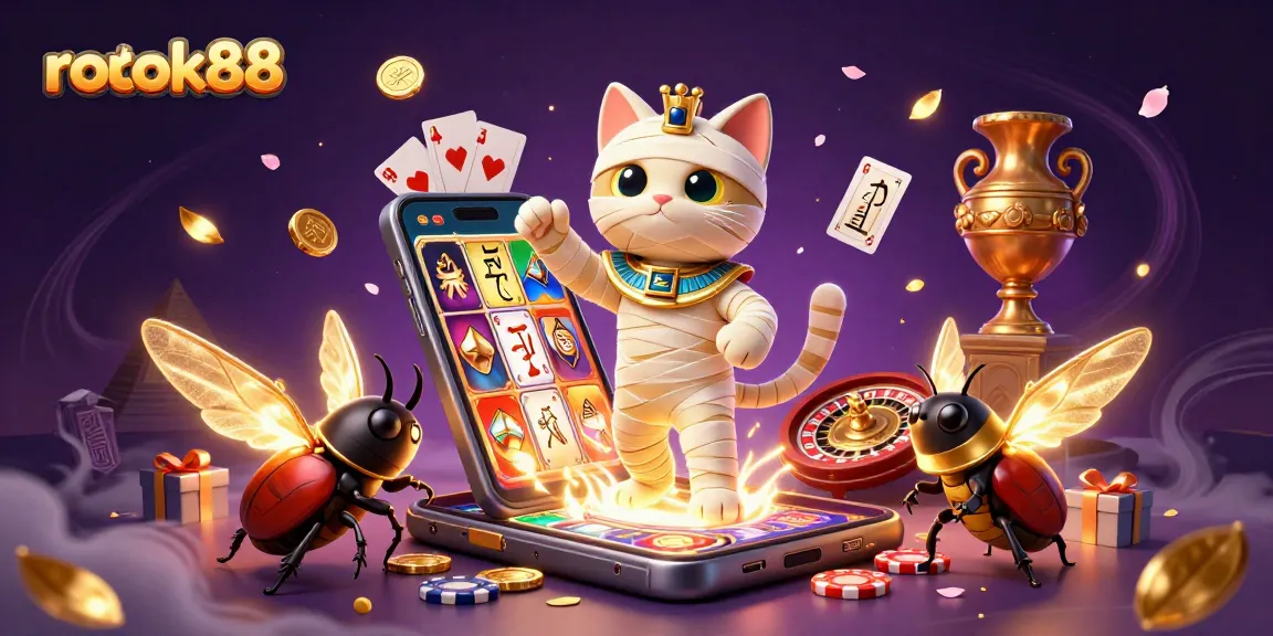 Experience thrilling gameplay with rokok88 featuring an Egyptian mummy cat and rich casino elements.