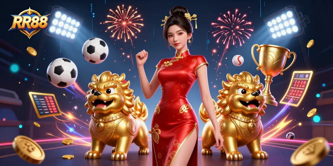 RR88 offers a vibrant gambling experience with a stylish Asian character, sports elements, and festive fireworks.
