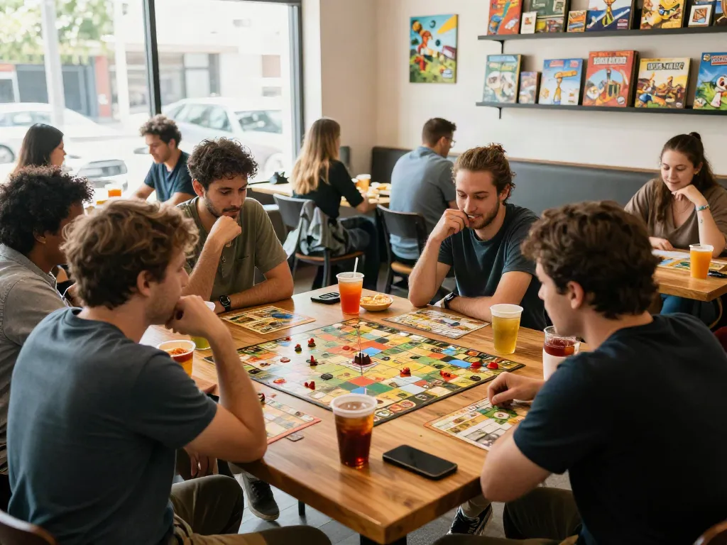 Exciting scene at meeplehaus.net with friends enjoying a strategy board game in a vibrant café