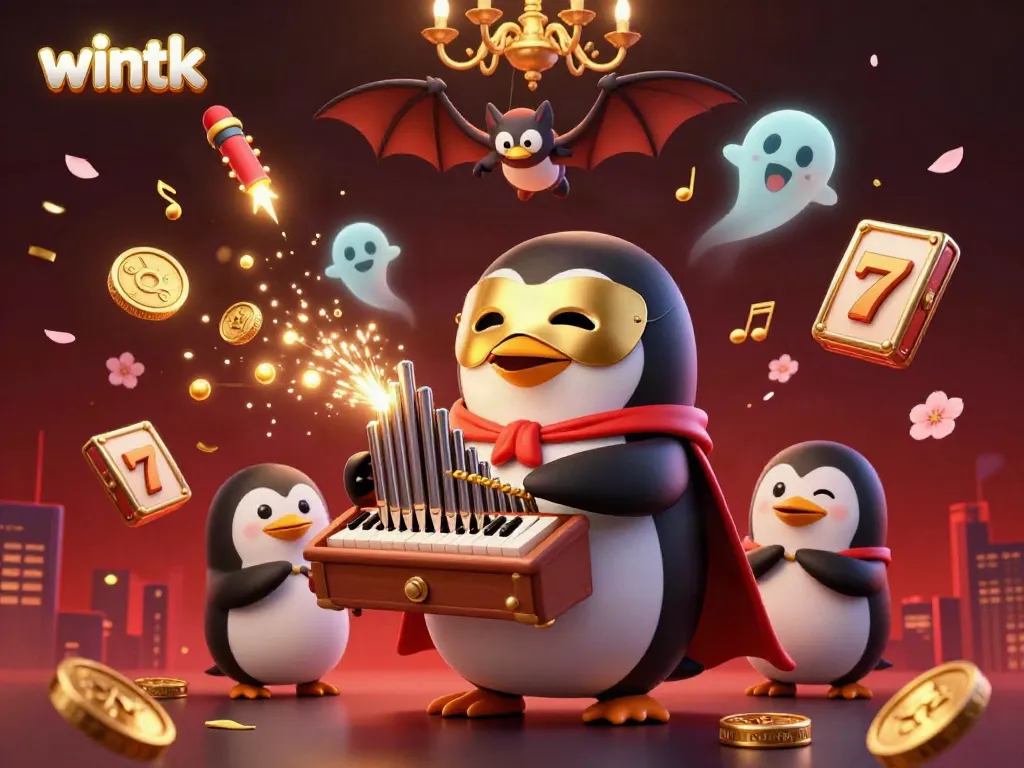Experience thrilling wins at wintk Casino with a penguin playing a golden pipe organ amidst dynamic game elements.