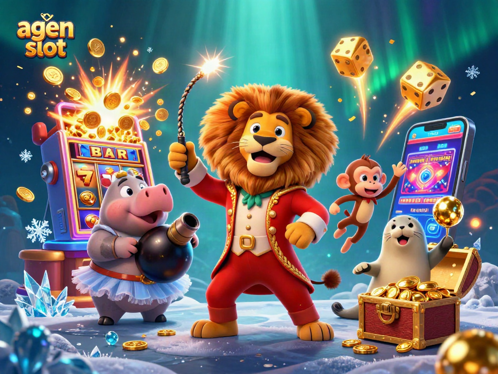 A thrilling agen slot scene with circus characters, dazzling slot symbols, and vibrant casino elements.