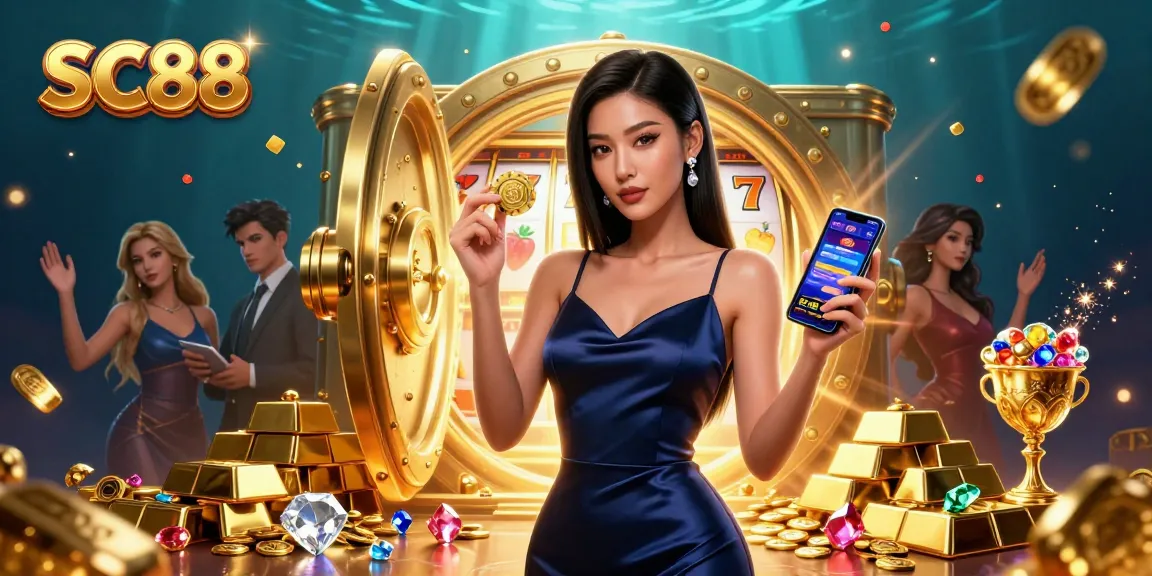 Experience SC88 with a stunning Asian woman representing modern casino gaming, showcasing slot reels and vibrant treasures.