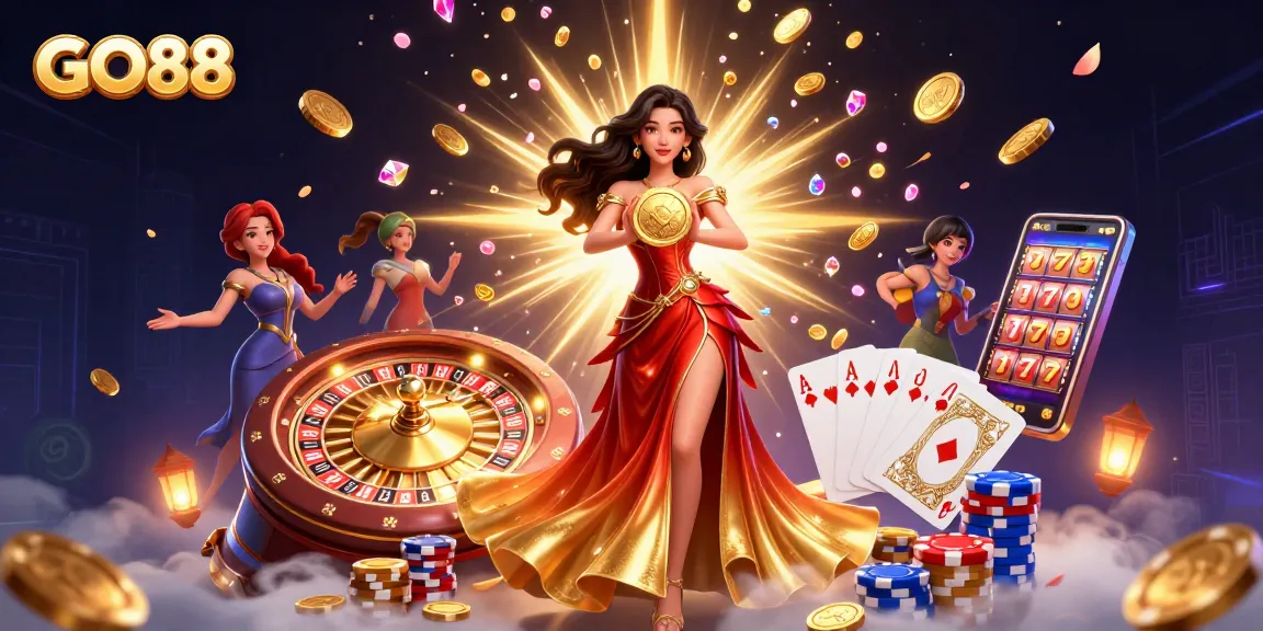 Experience the excitement of GO88 with stunning visuals of a golden coin, slot machines, and casino elements raining down.