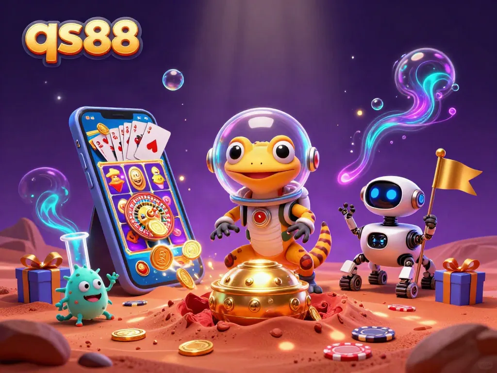 Experience exciting gaming action with qs88 featuring a Martian gecko discovering a golden casino.