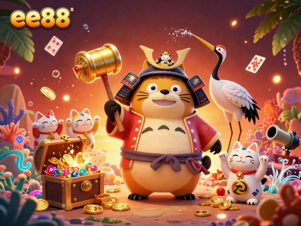 Experience luck and fortune at ee88 with a vibrant festival scene featuring a cheerful tanuki, fortune cats, and more.