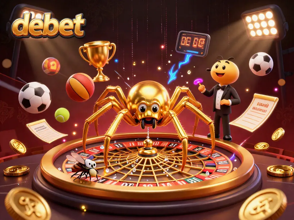 Engage with debet sports betting excitement in a dynamic 3D scene of a spider and croupier.