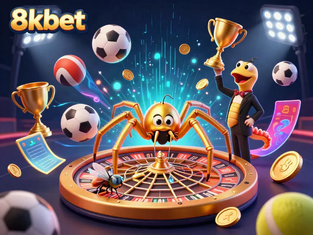 Experience the thrilling action of 8xbet with a golden web roulette wheel and dynamic sports elements.