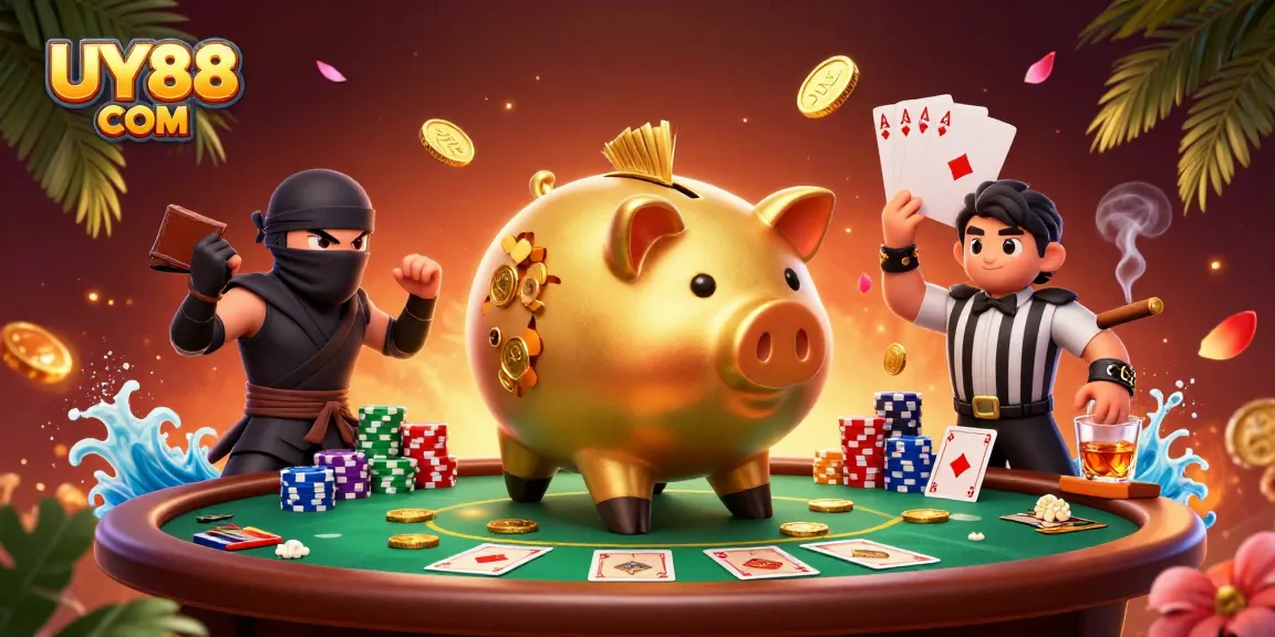 Join the excitement with UY88 COM as the sumo piggy bank wrestler triumphs in a vibrant casino scene.