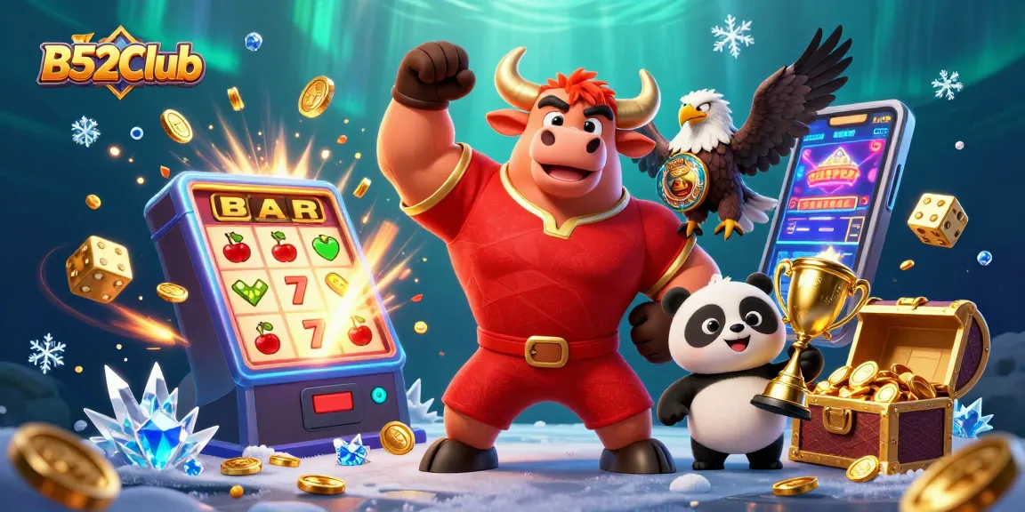 B52Club's thrilling jackpot scene showcases a cartoon bull, eagle, and panda amid flying game symbols.